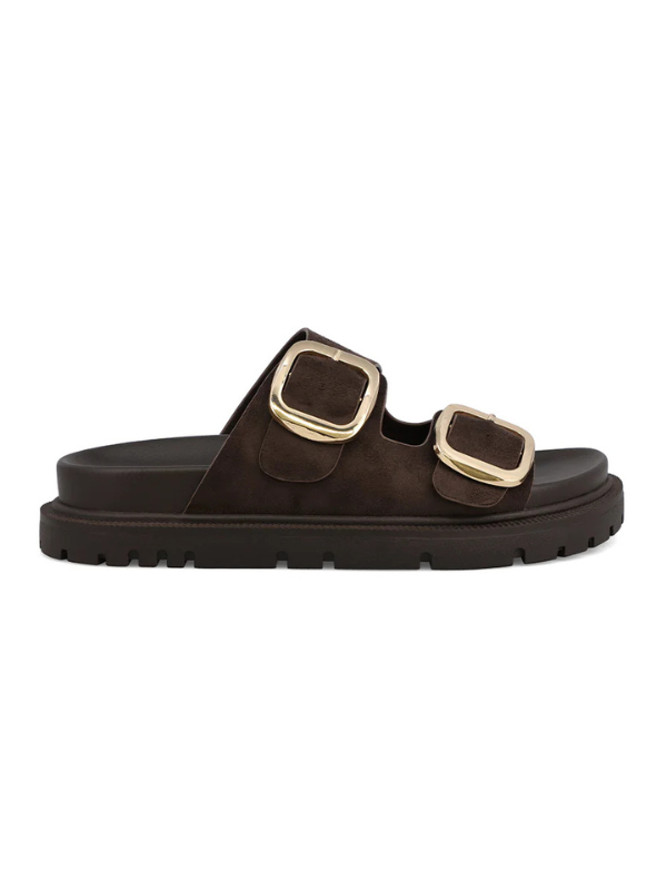 Brown sandal with gold buckles on a white background