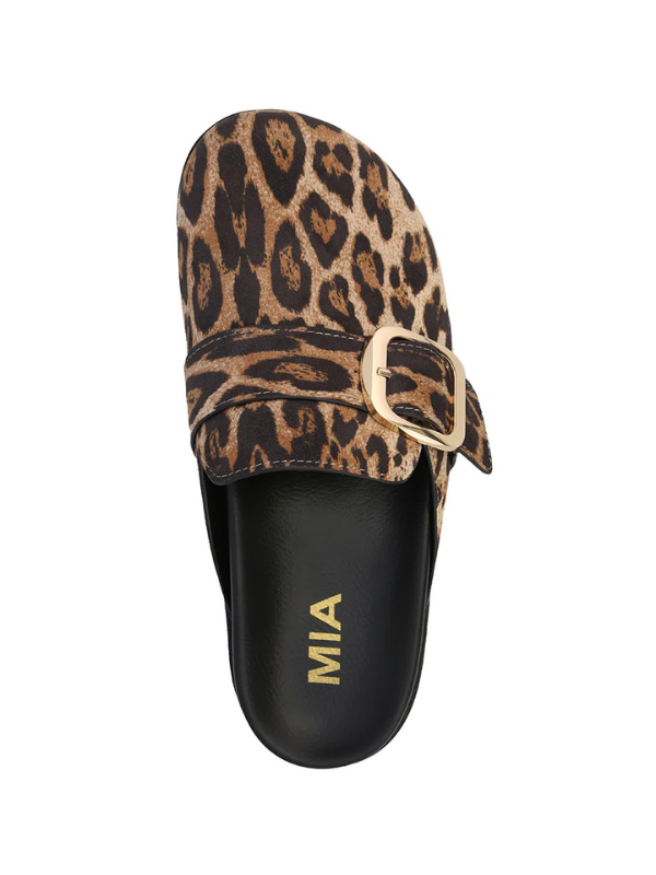 Leopard print slide sandal with a gold buckle and 'MIA' branding on a white background