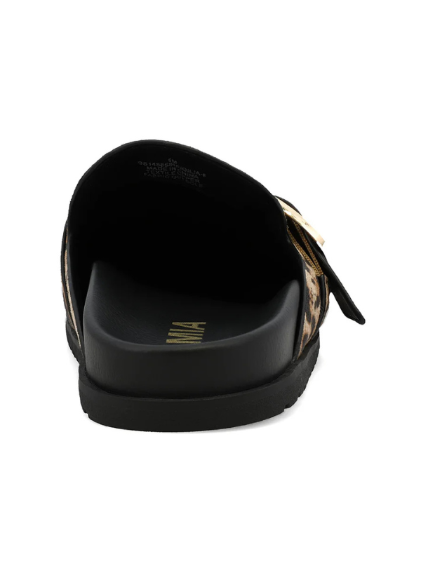 Black sandal with a patterned strap on a white background