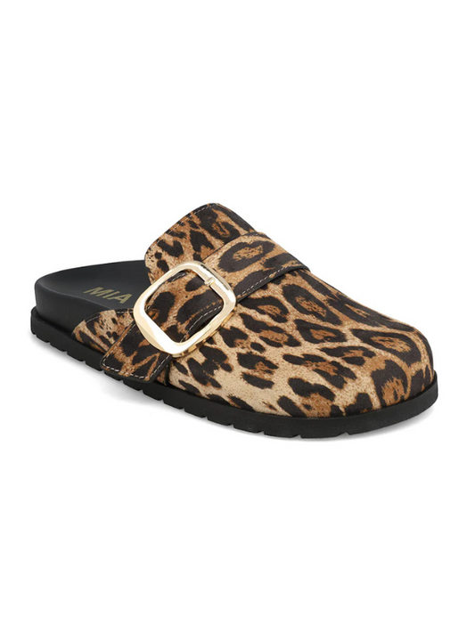 Leopard print slip-on shoe with a buckle on a white background