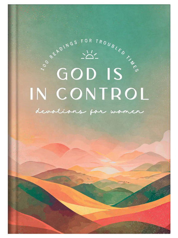 Book cover with colorful landscape design and text 'God is in Control' on a gradient background