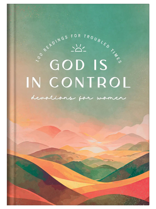 Book cover with colorful landscape design and text 'God is in Control' on a gradient background