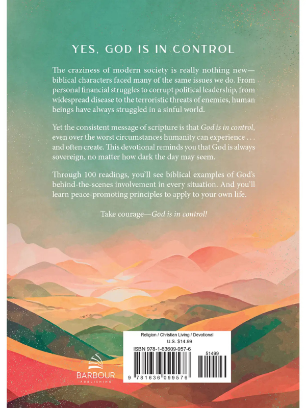Bookback with colorful landscape design and text about God's control