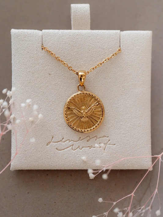 Gold necklace with a round pendant on a branded box