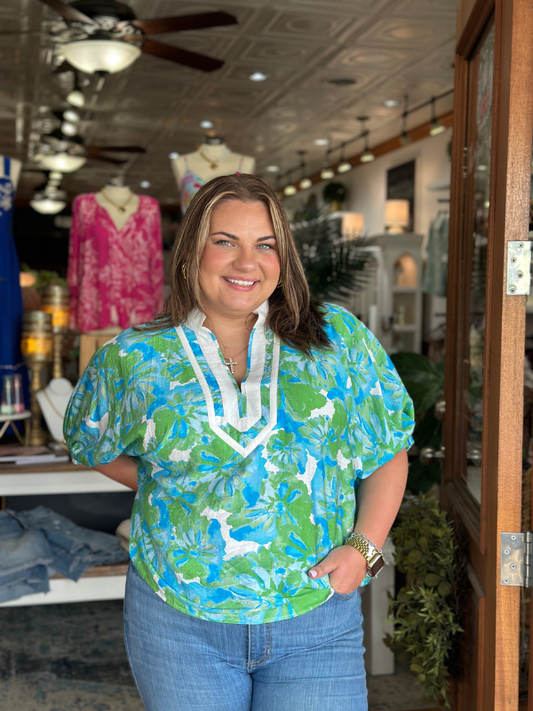 Green & Aqua Floral Split Neck Top