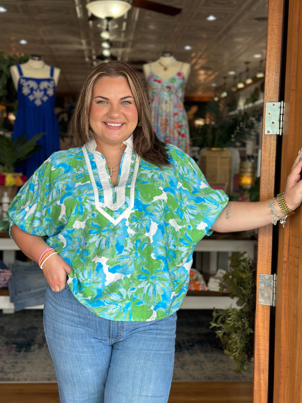 Green & Aqua Floral Split Neck Top