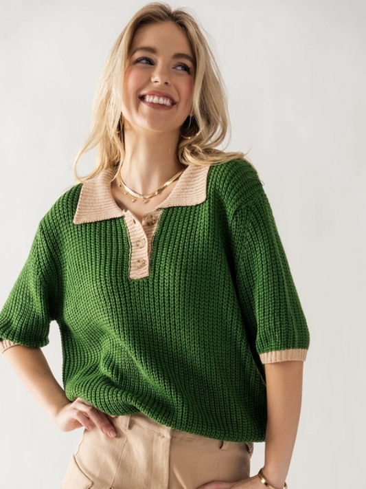 Green + Taupe Collared Button Sweater