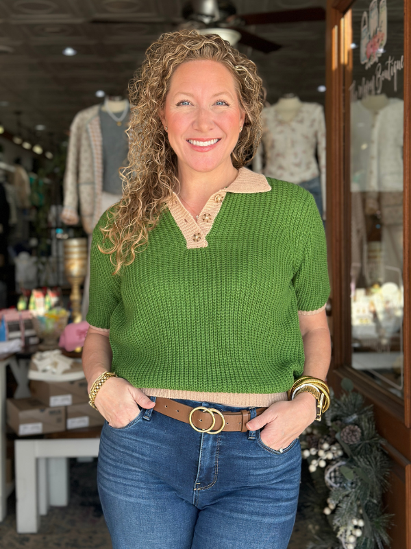 Green + Taupe Collared Button Sweater