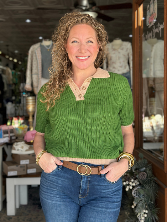 Green + Taupe Collared Button Sweater