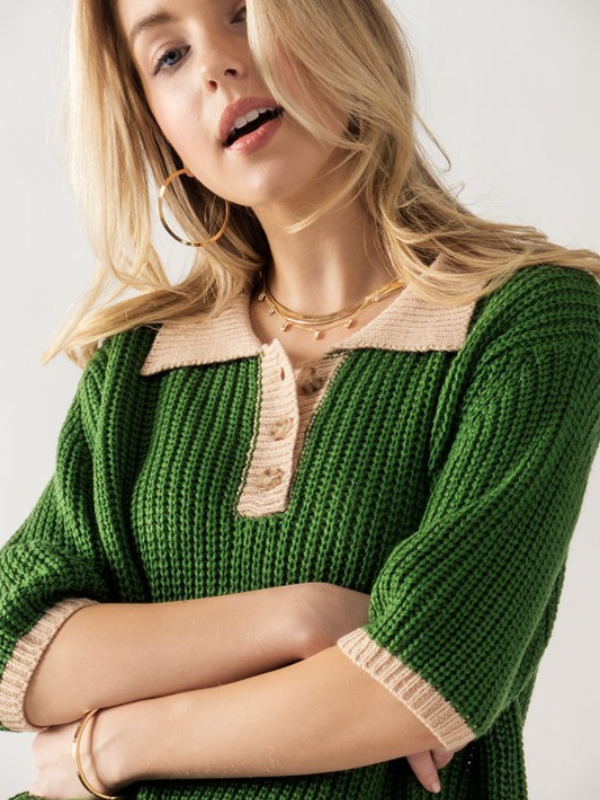 Green + Taupe Collared Button Sweater