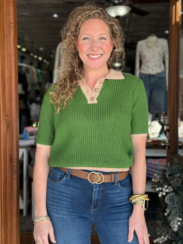 Green + Taupe Collared Button Sweater