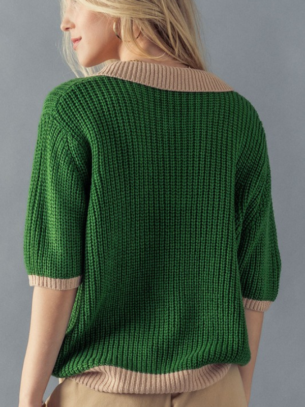 Green + Taupe Collared Button Sweater