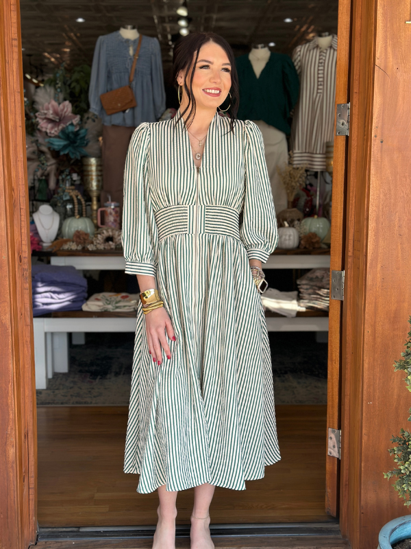 Green Striped Smocked Midi Dress - Themasonboutique