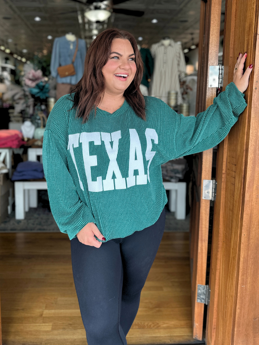 Hunter Green Texas Graphic Ribbed Long Sleeve Top