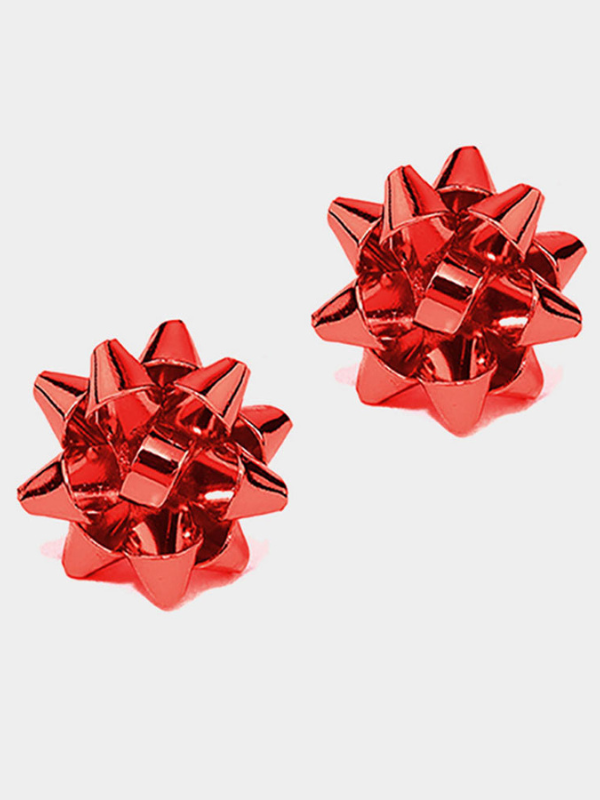 Red bow-shaped earrings on a light gray background