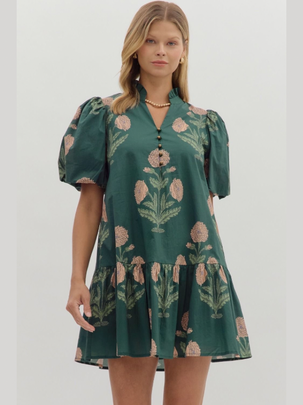 Green Floral Bubble Sleeve Mini Dress
