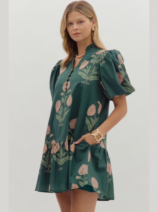 Green Floral Bubble Sleeve Mini Dress