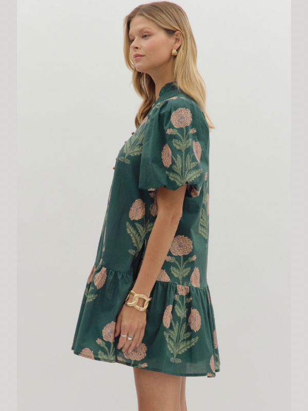 Green Floral Bubble Sleeve Mini Dress