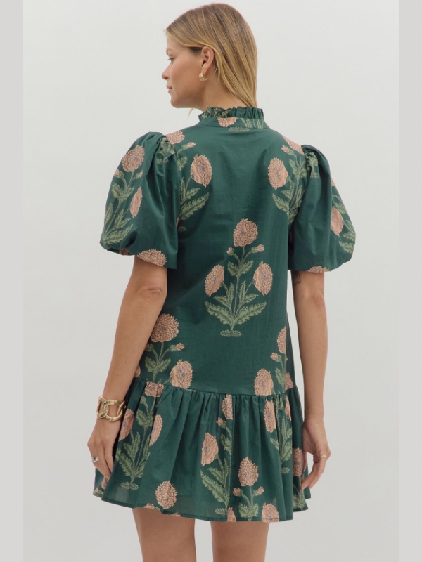 Green Floral Bubble Sleeve Mini Dress