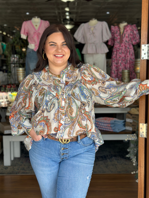 Ivory & Blue Paisley Bubble Sleeve Top