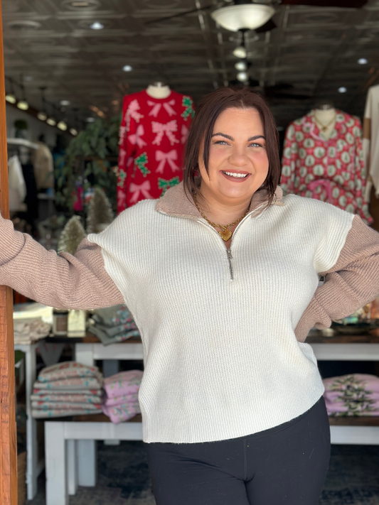 Ivory & Taupe Color Block 1/4 Zip Sweater