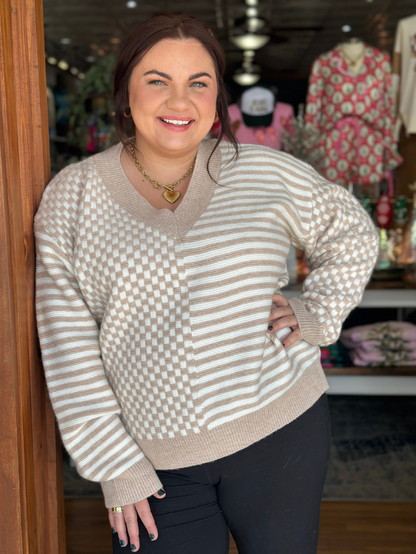 Ivory & Taupe Stripe + Checkered Sweater