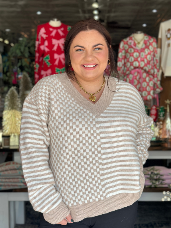 Ivory & Taupe Stripe + Checkered Sweater