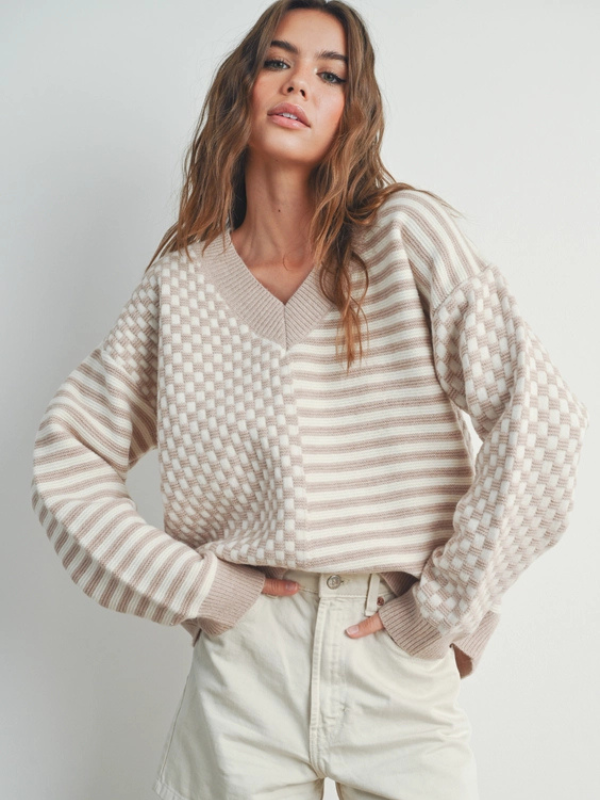 Ivory & Taupe Stripe + Checkered Sweater