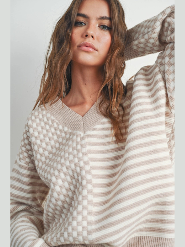 Ivory & Taupe Stripe + Checkered Sweater