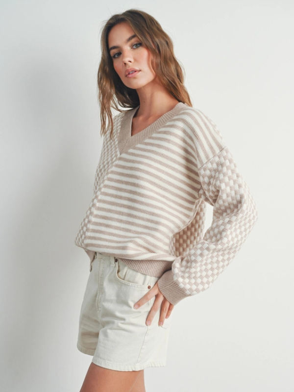 Ivory & Taupe Stripe + Checkered Sweater