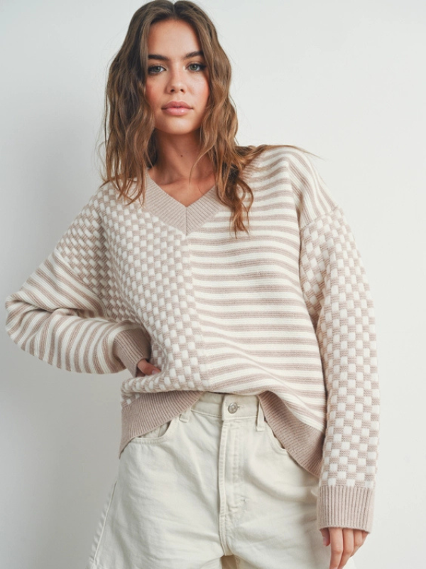 Ivory & Taupe Stripe + Checkered Sweater