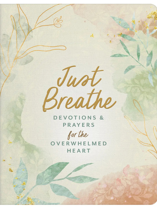 Book cover with floral design and 'Just Breathe' text on a light background