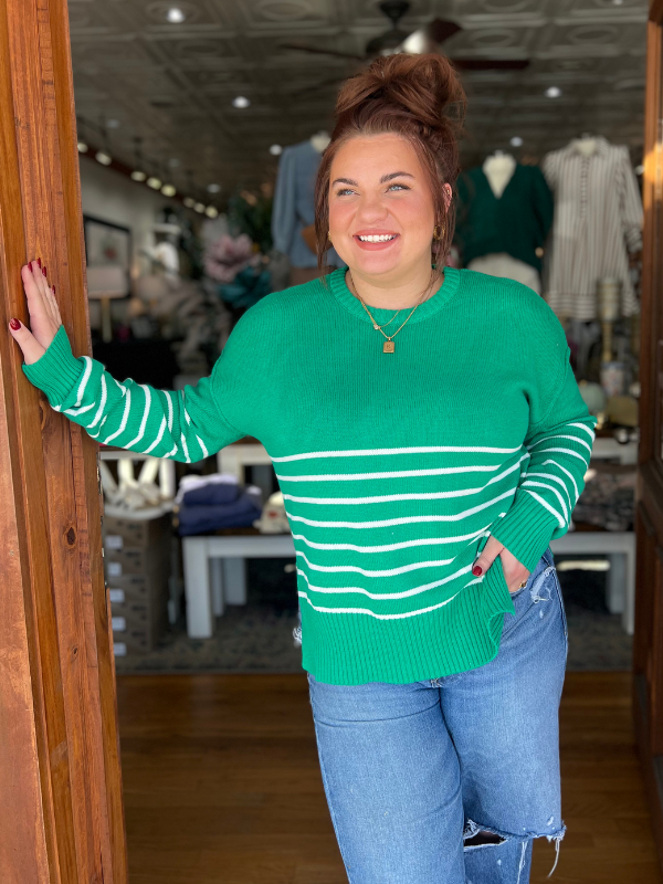 Kelly Green & Ivory Stripe Drop Shoulder Sweater