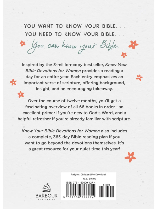 Back cover of a book titled 'Know Your Bible Devotions for Women' with text and Barbour Publishing logo.