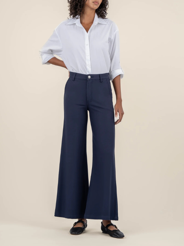 Meg Wide Leg Ponte Pants - Trouser Pockets - Navy