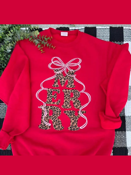 Red sweatshirt with leopard print design on a checkered background