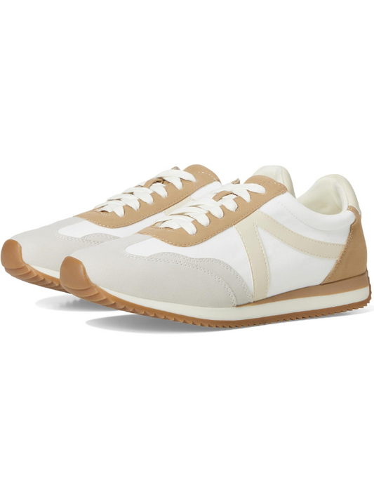White sneakers with brown soles on a white background
