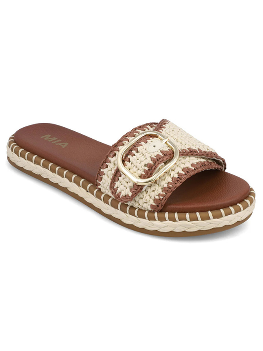 Brown and beige sandal with a gold buckle on a white background