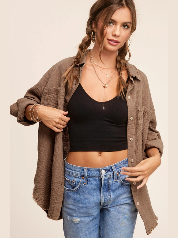 Mocha Gauze Button Down Shirt