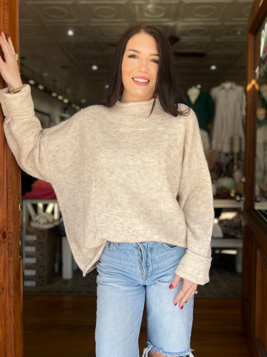 Natural Mock Neck Square Knit Sweater