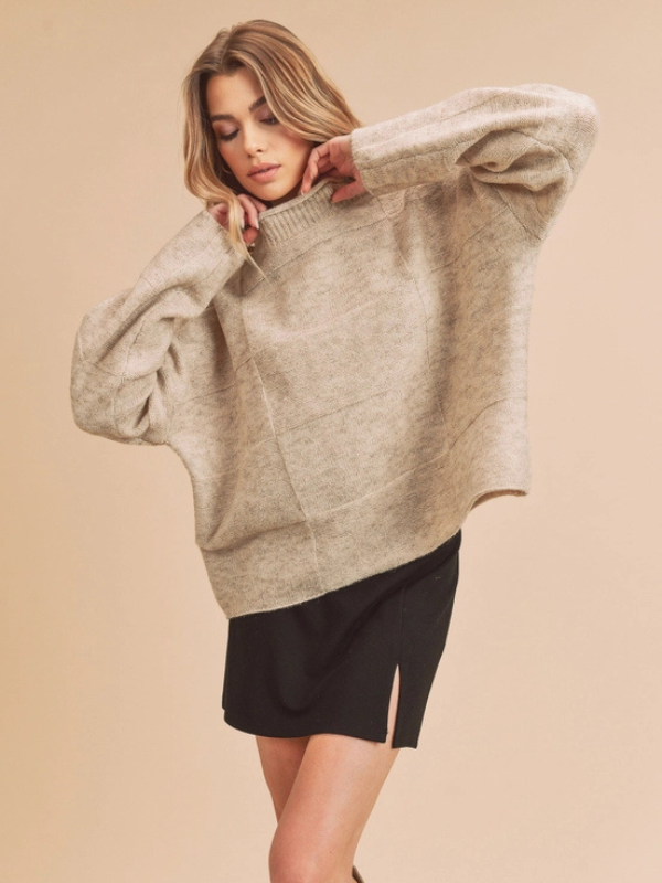 Natural Mock Neck Square Knit Sweater