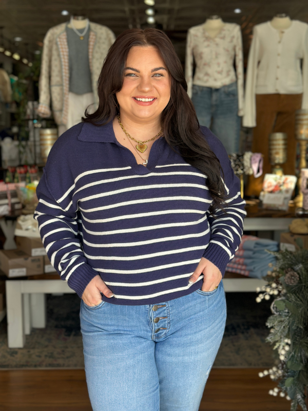 Navy & Ivory Stripe Collared Sweater