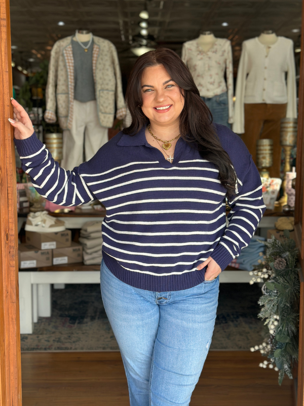 Navy & Ivory Stripe Collared Sweater