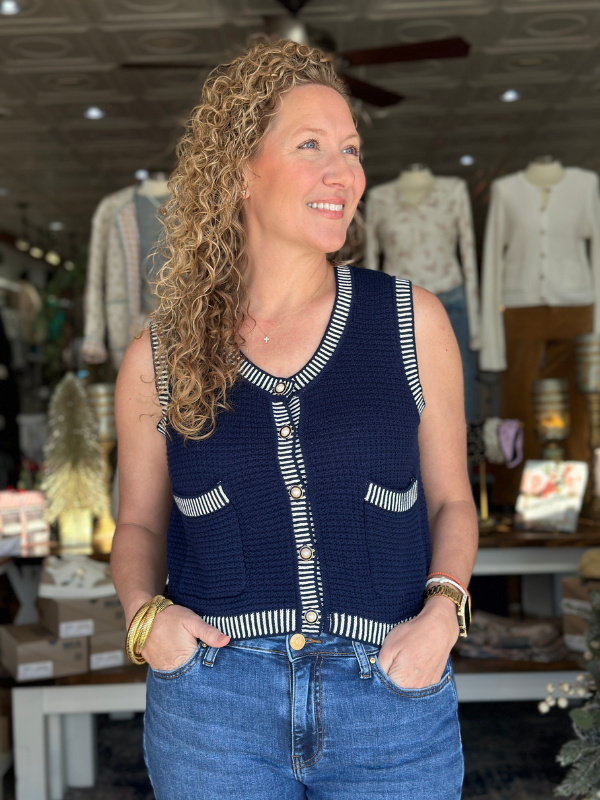 Navy Sleeveless Sweater Gold Button Top