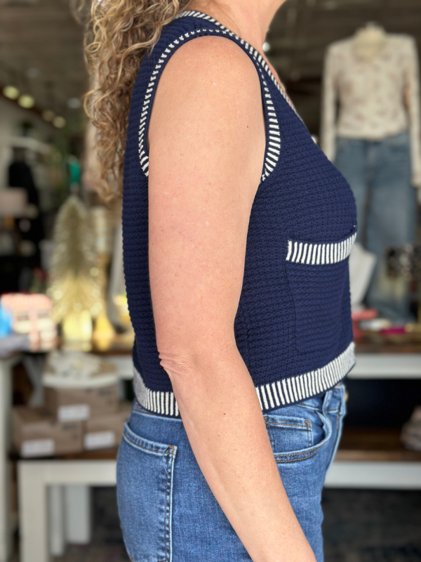 Navy Sleeveless Sweater Gold Button Top