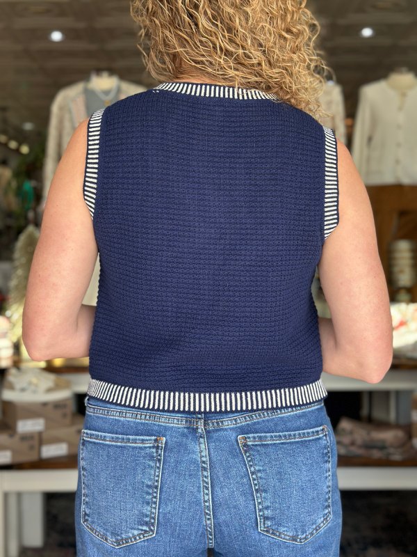 Navy Sleeveless Sweater Gold Button Top