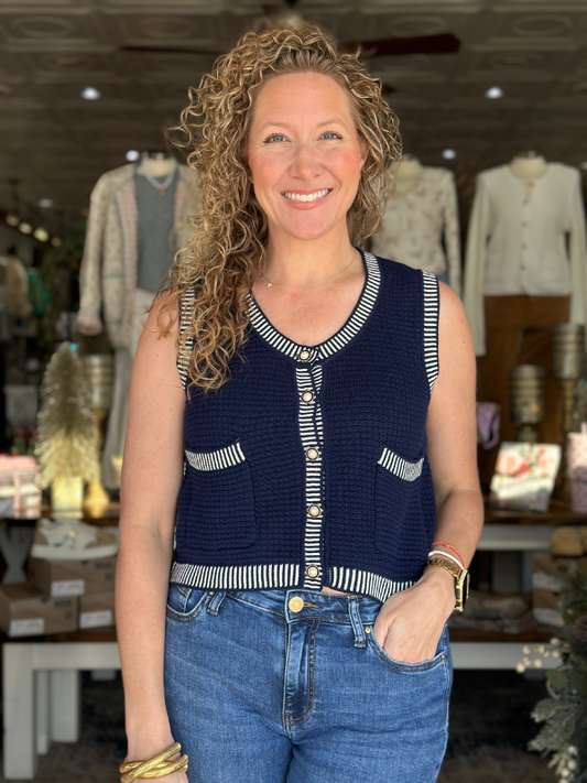 Navy Sleeveless Sweater Gold Button Top