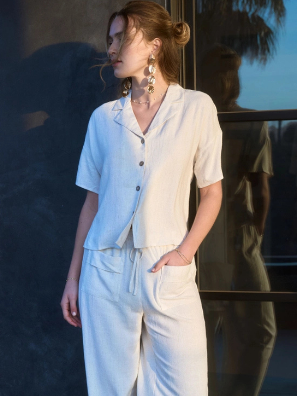 Oatmeal Collared Linen Button Up