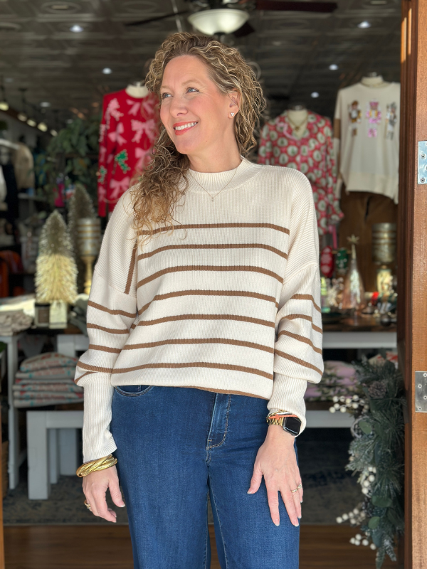 Oatmeal + Cinnamon Striped Mock Neck Sweater