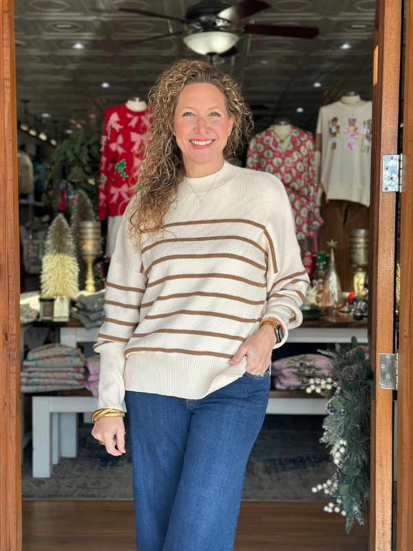 Oatmeal + Cinnamon Striped Mock Neck Sweater